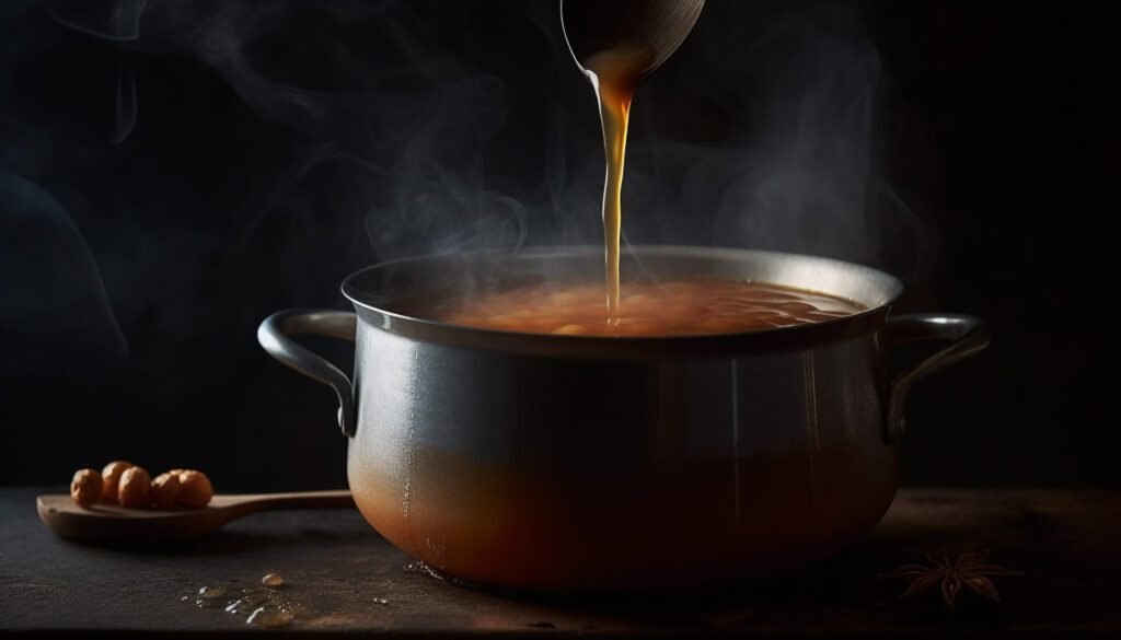 1920 boiling soup in rustic cauldron on wooden fire for halloween feast generated by ai 1