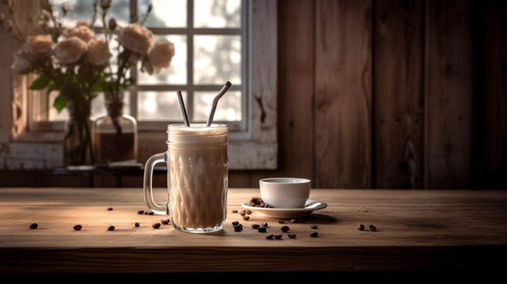 1920 ai generative ice coffee with notebooks and dry grass flower on wooden table 1