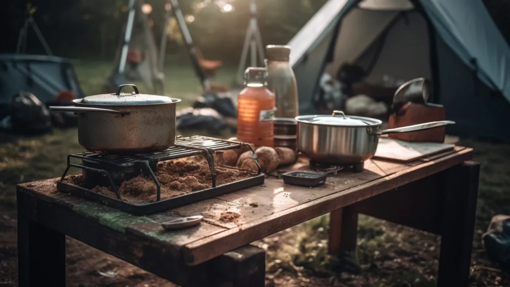 Grilled meat on a campfire, a rustic summer picnic feast