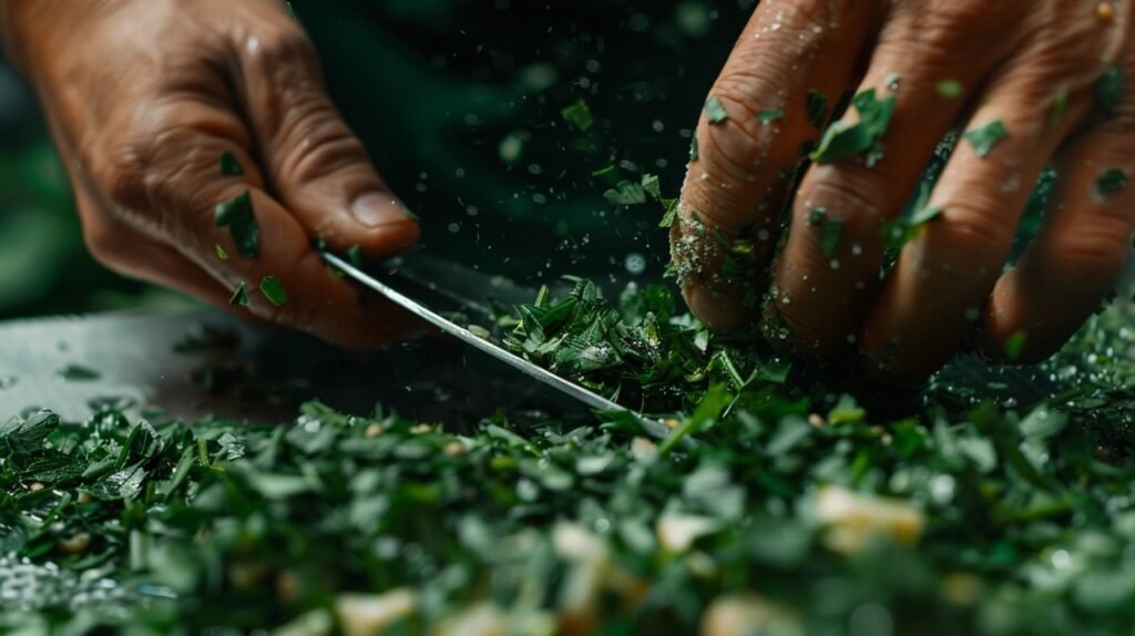 Hands finely chopping fresh oregano